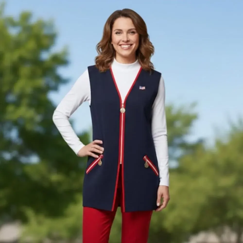 Vintage 90s Wool Vest Full Zip Blue Nautical Patriotic Linda Allard Ellen Tracy
